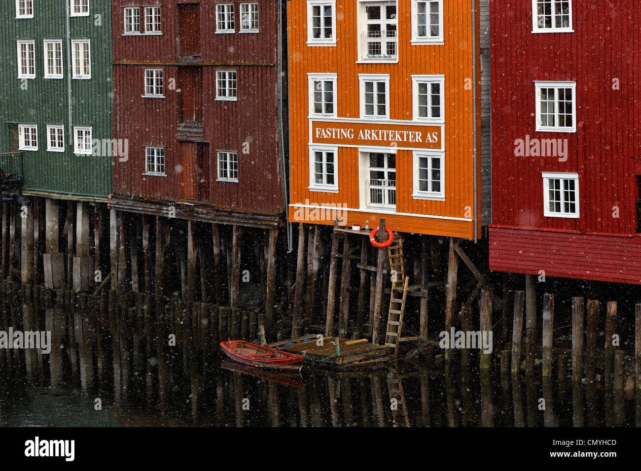 Norway, County of Sor Trondelag, Trondheim, Former warehouses, houses on piles Stock Photo