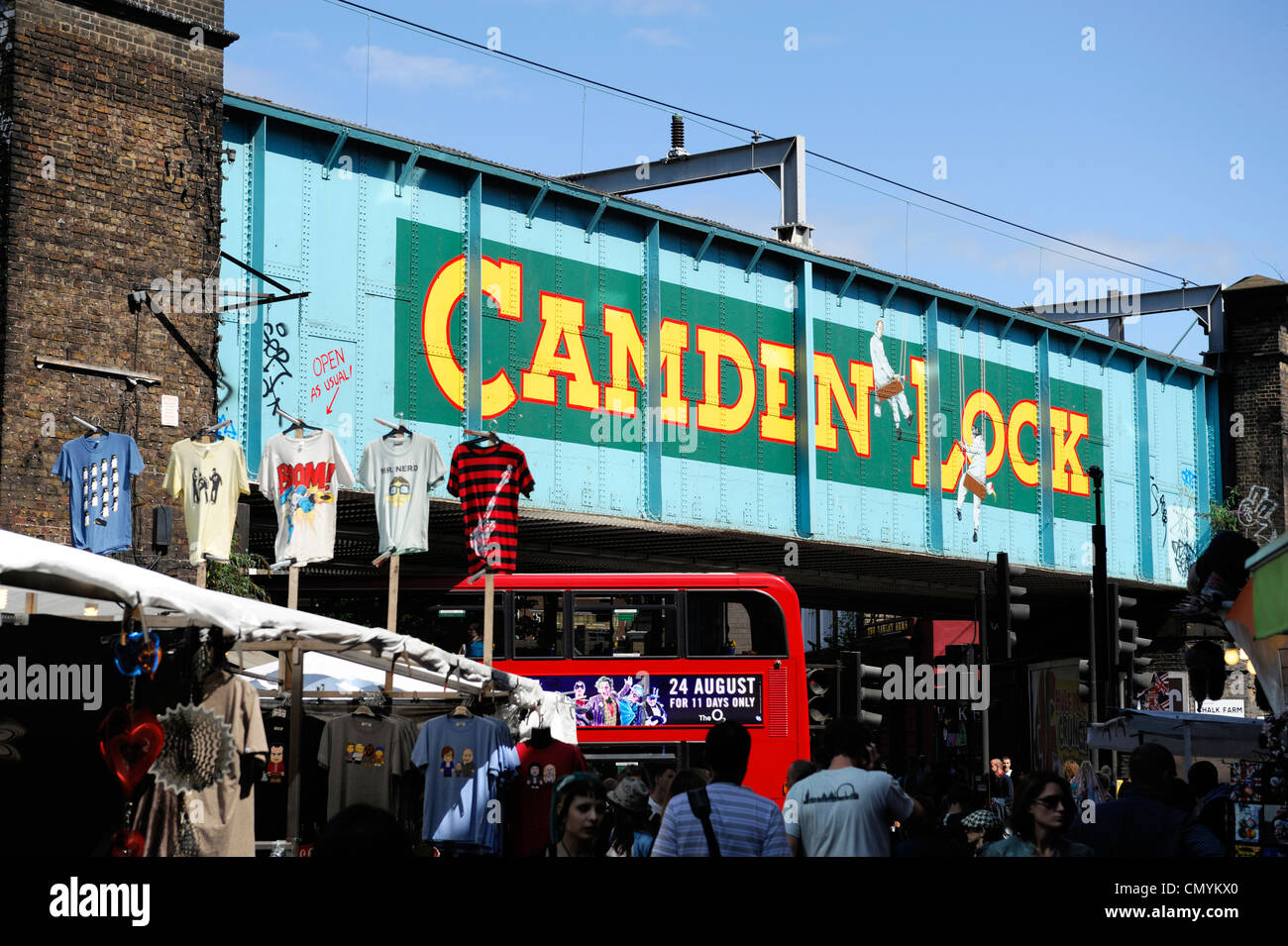 United Kingdom, London, Camden, riveted steel railway bridge near the Camden Lock with Camden Lock sign written on it Stock Photo