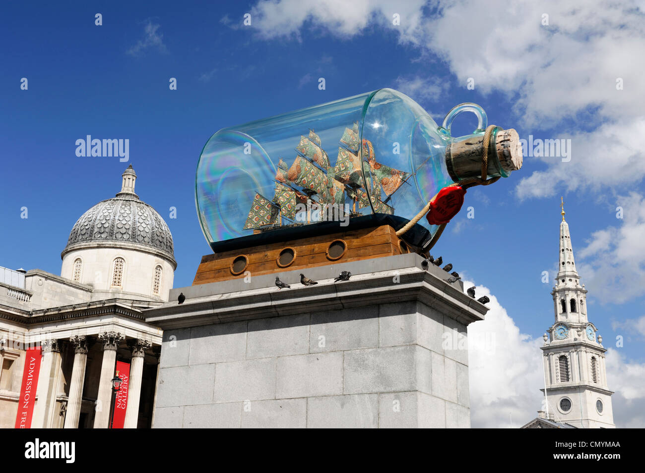 United Kingdom, London, Trafalgar Square, Admiral Nelson's ship in a bottle artwork by artist Yinka Shonibare Stock Photo