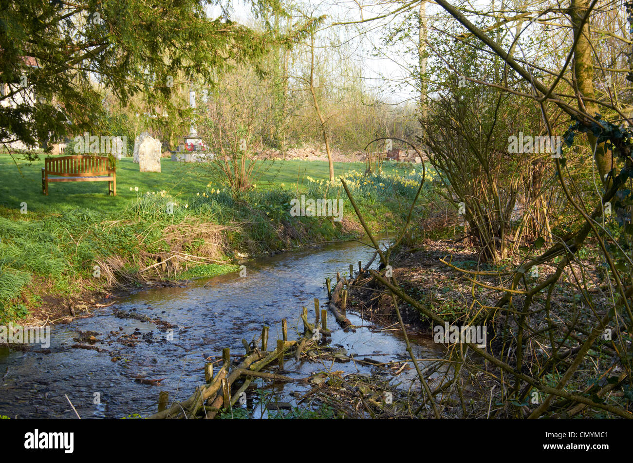 The Hyde Bourne, a small tributary of the River Itchen at Headbourne Worthy, Hampshire. Flows