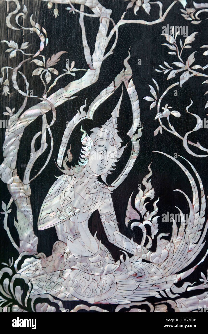 Thailand, Trat Province, Koh Chang, Wat Klong Prao, Mother of Pearl Inlay Door Decoration Stock Photo