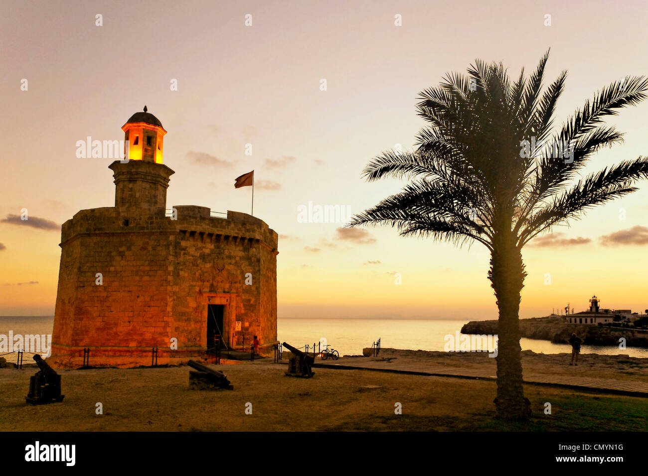 Spain Menorca Mahon Ciutadella Castle St. Nicholas watchtower at sunset ...