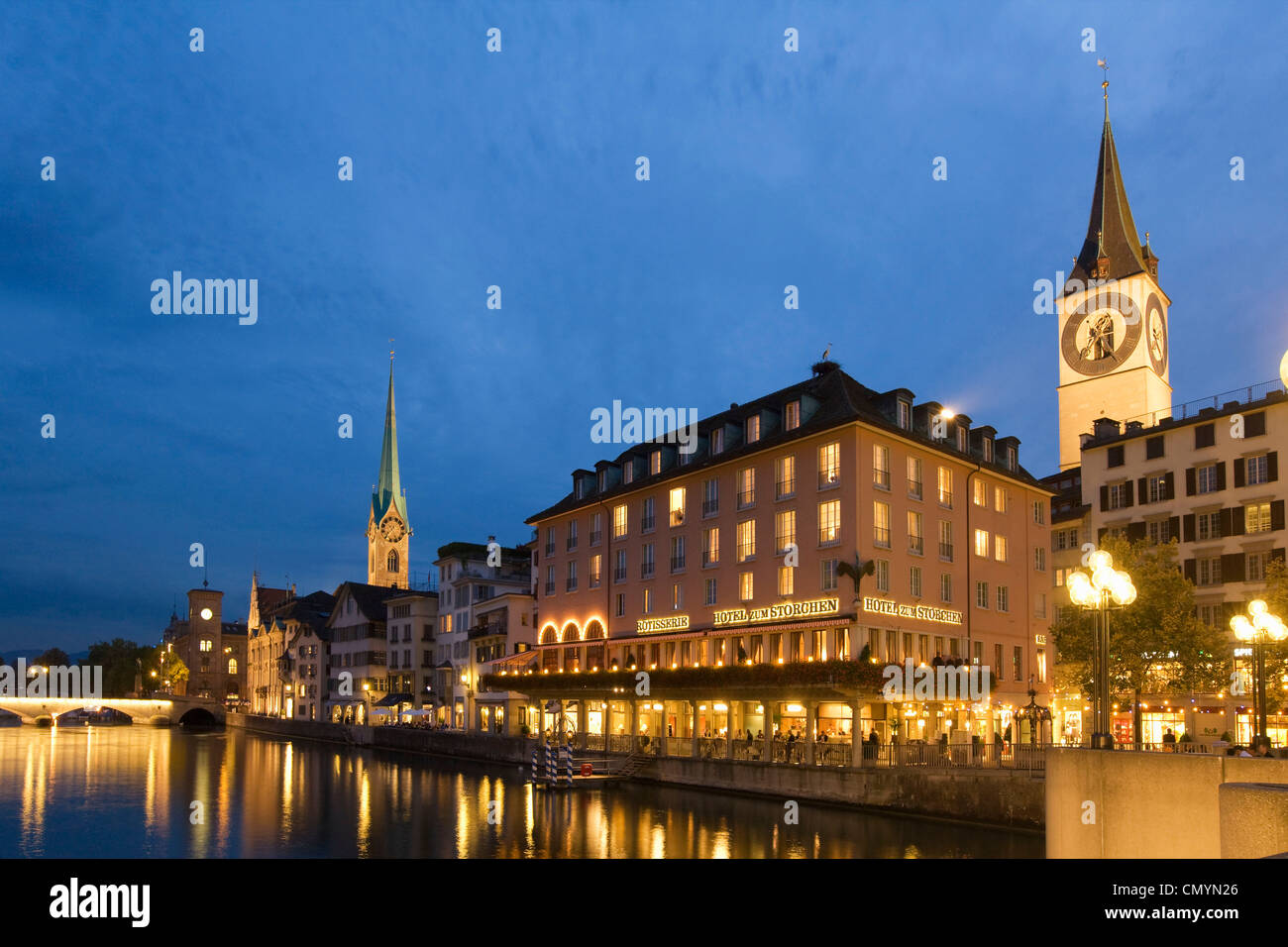 Switzerland, Zurich, old town center, river Limmat at night, left side