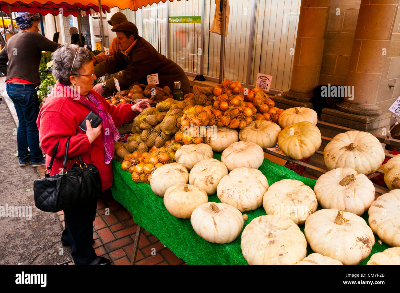 Vegetable stall at Popular Saturday Farmer's Market in the Cotswold