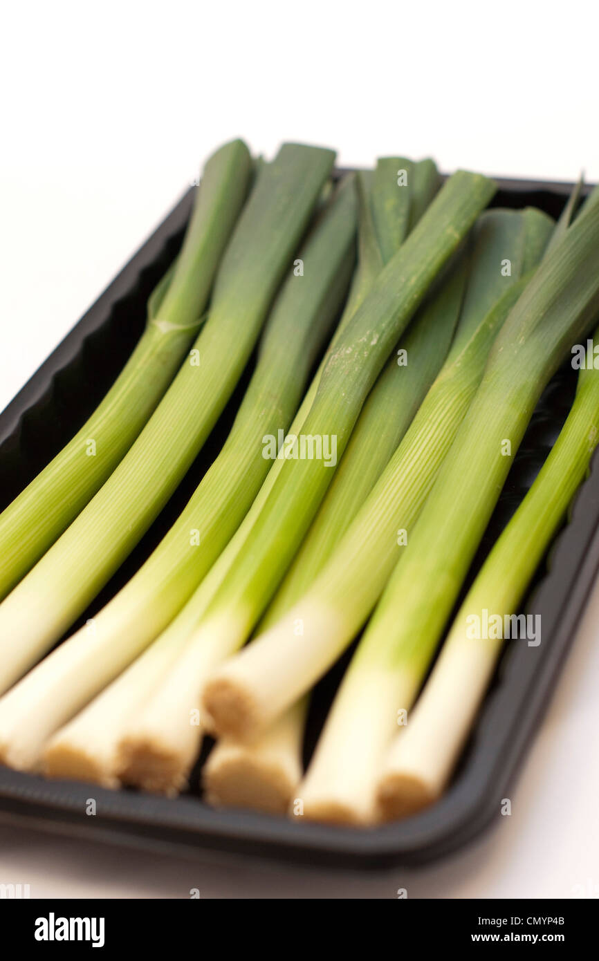 Baby Leeks in a punnet Stock Photo