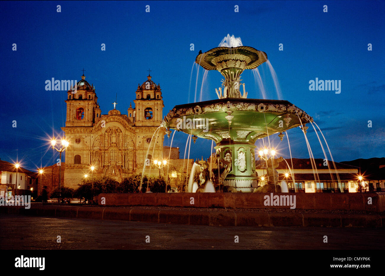 Cusco main sqaure and Cathedral in Peru at night time. Stock Photo