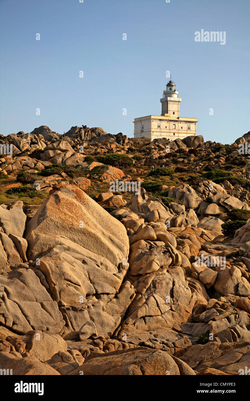 Italy Sardinia Capo Testa bizarre rock landscape lighthouse Stock Photo