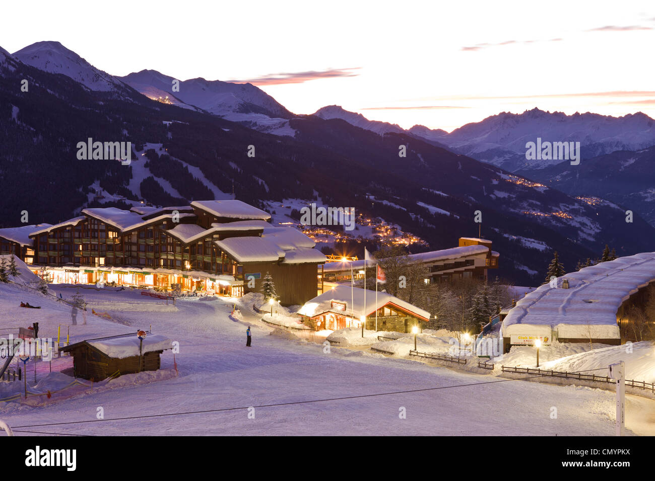 France, Savoie, Les Arcs 1800, Massif de La Vanoise, high Tarentaise valley with a view of the ski resorts of La Plagne and the Stock Photo