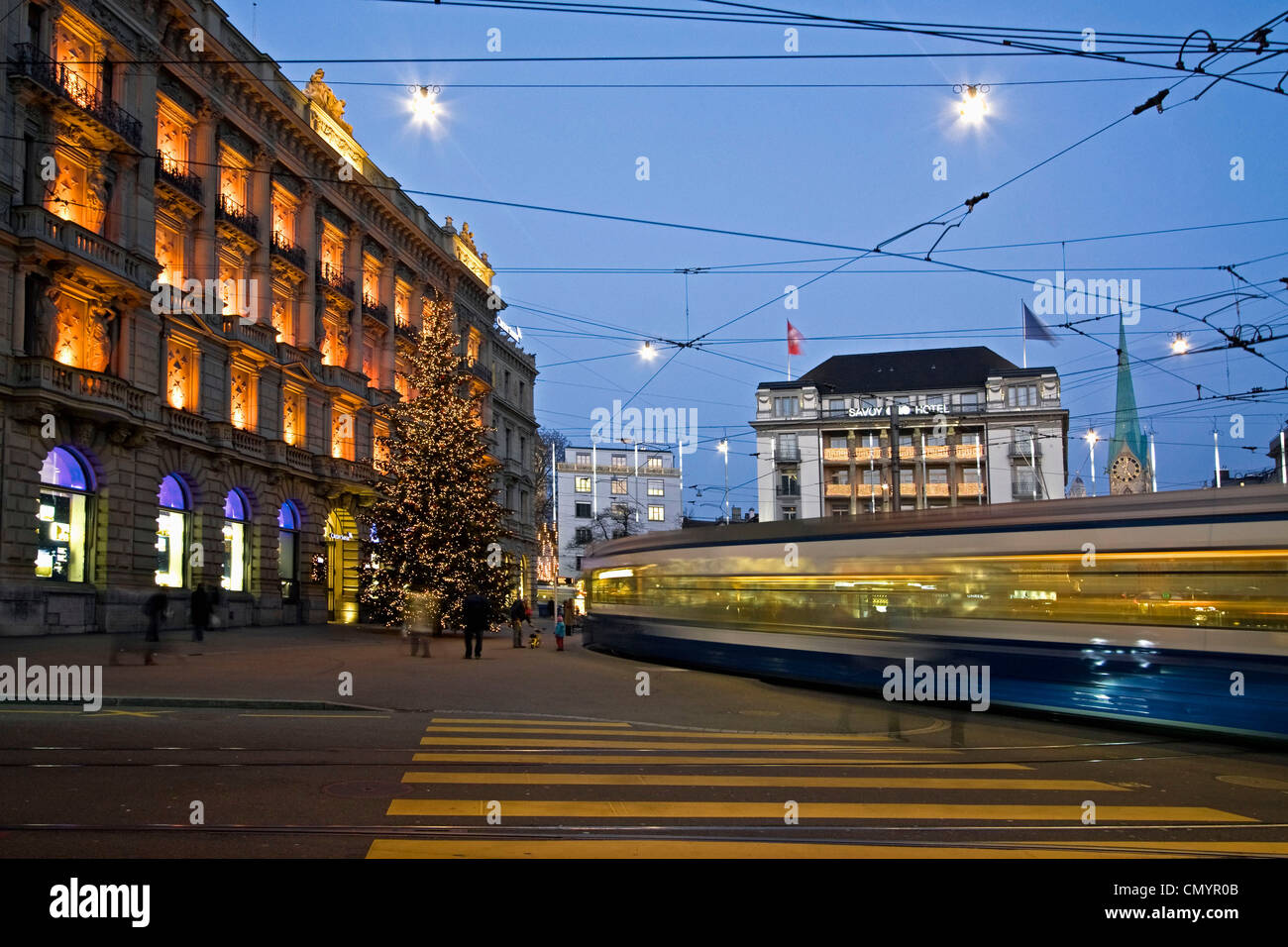 Christmas tree at  Credit Suisse bank at  Paradeplatz in Zurich, Switzerland Stock Photo