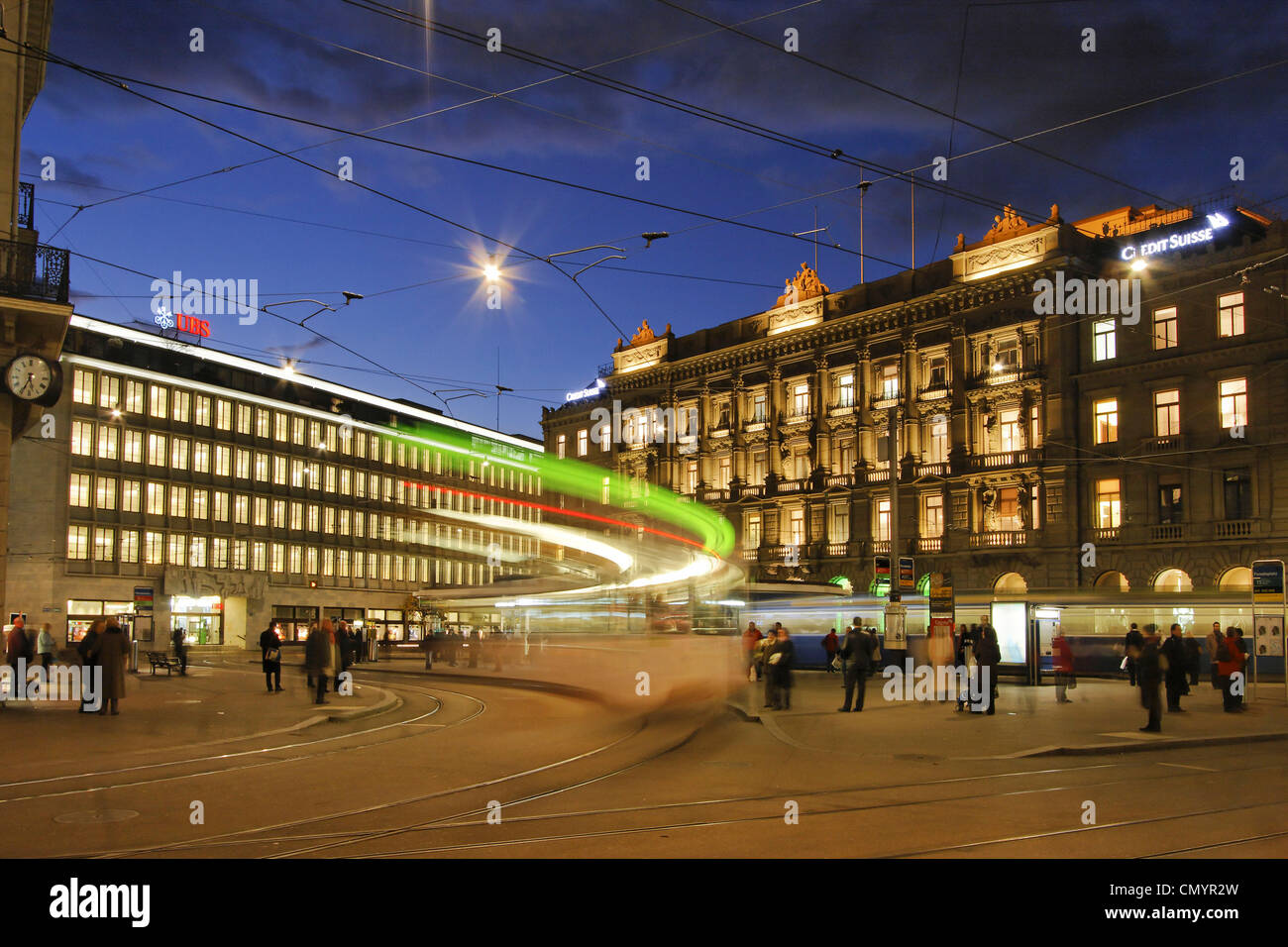 Bank UBS and Credit Suisse Bank at Paradeplatz, Tram, Zurich, Switzerland Stock Photo