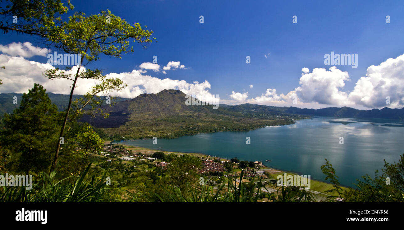 Panoramic view to Lake Batur and Gunung Batur from viewpoint Penelokan, Bali Indonesia Stock Photo