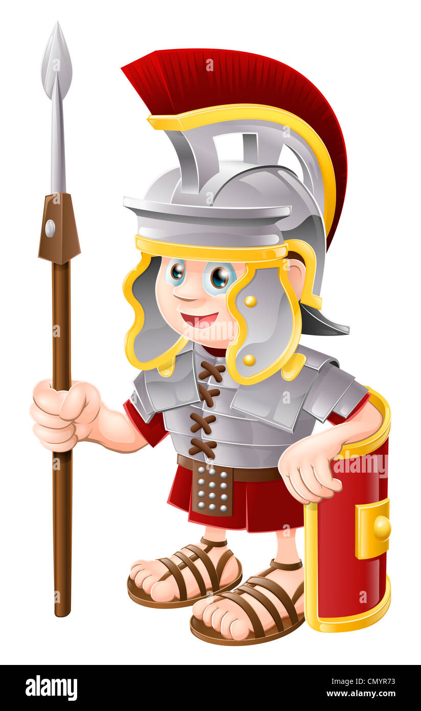 Illustration of a cute happy Roman soldier holding a spear and a shield Stock Photo