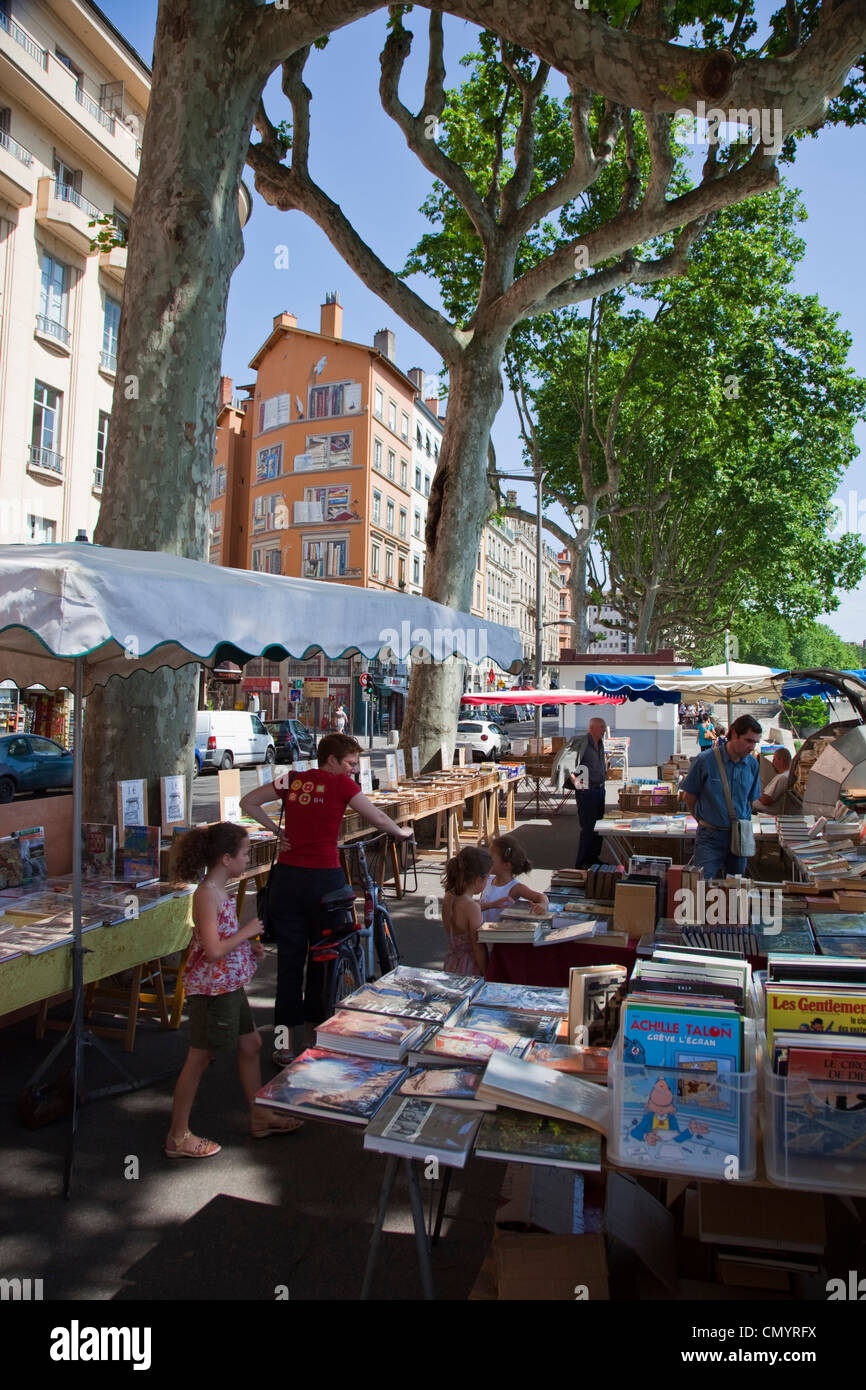 Flea market for books at Saone riverside, Lyon, Rhone Alps, France Stock Photo
