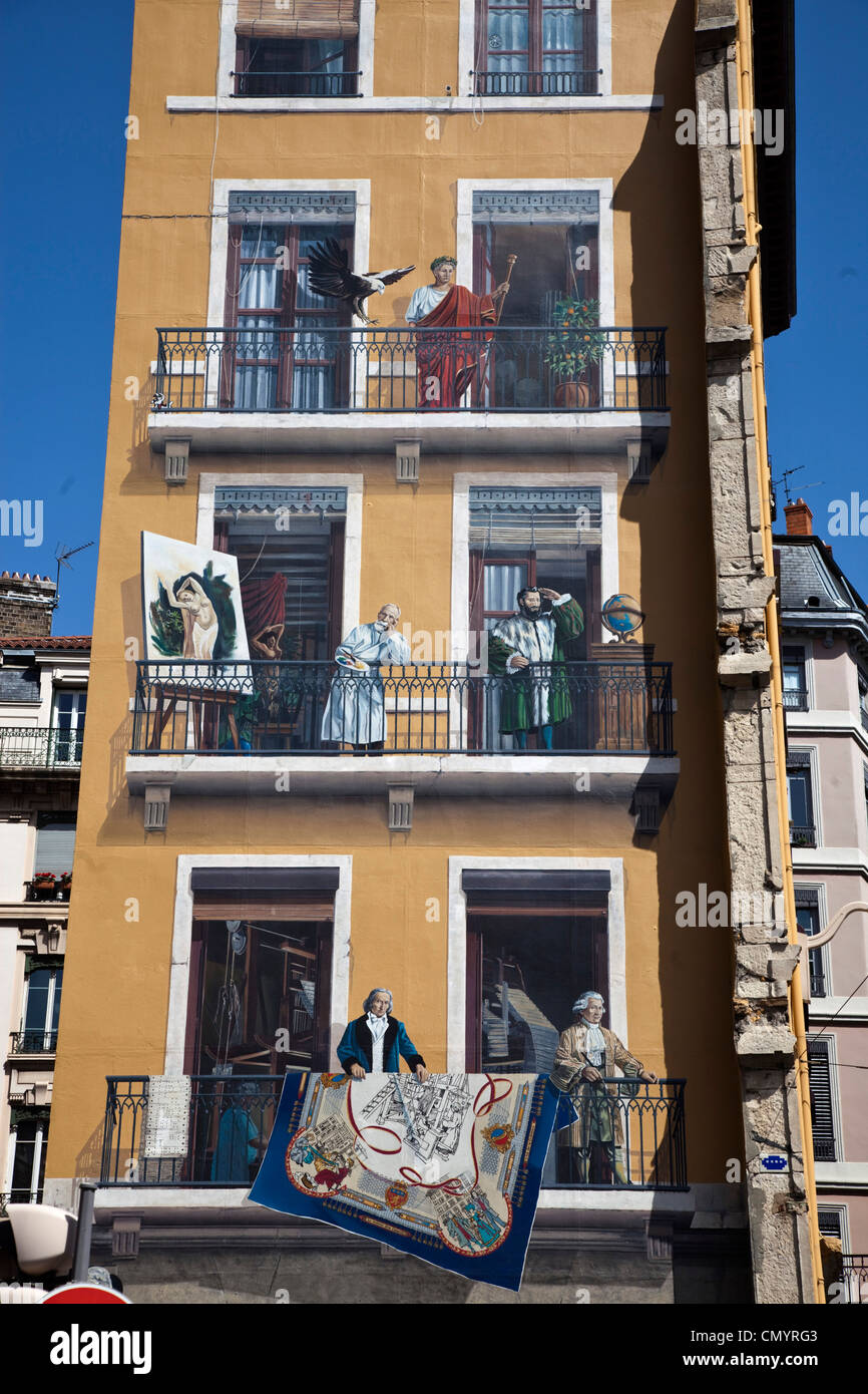 Wall Painting  Fresque des Lyonnais Celebres, Freco of Celebrities  of Lyon, Rhone Alps, France Stock Photo