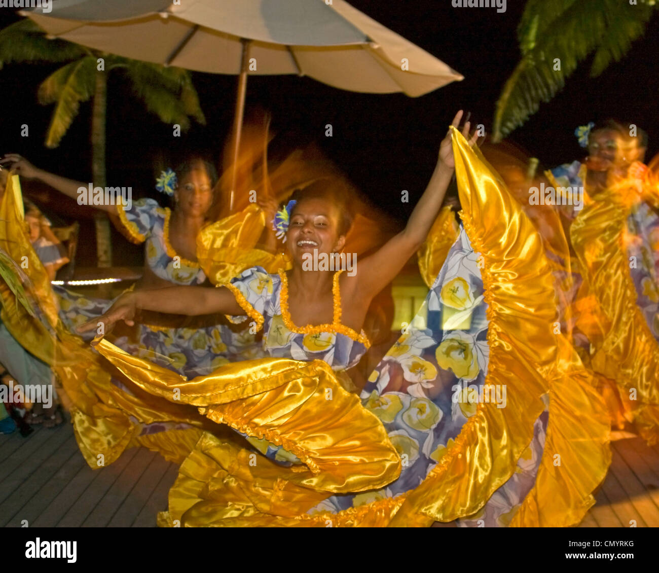Traditional Sega dancer performing  in Hotel Veranda, Troux aux Biches, Mauritius, Africa Stock Photo