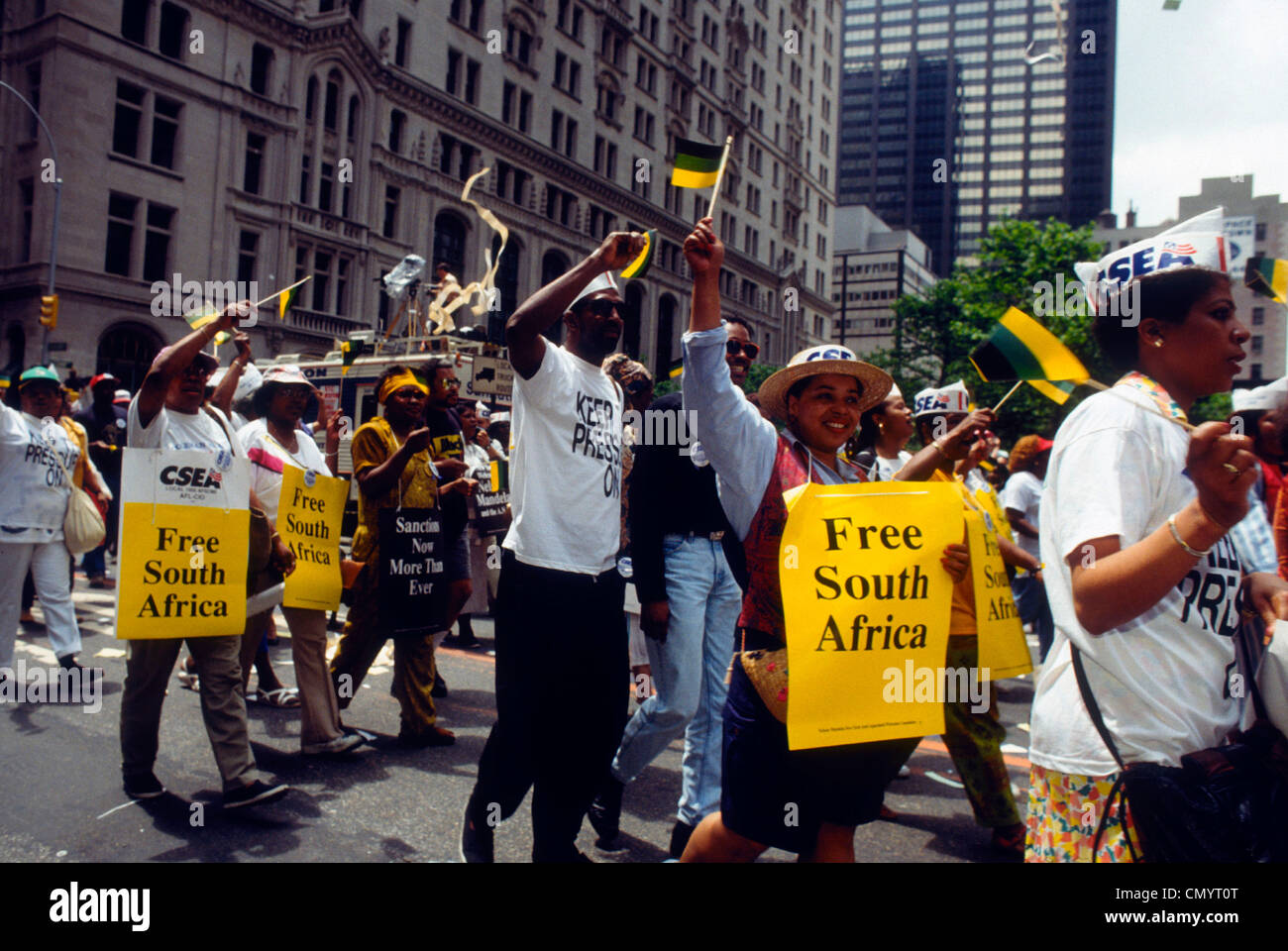 Union workers protest to end apartheid in South Africa on May 21, 1991