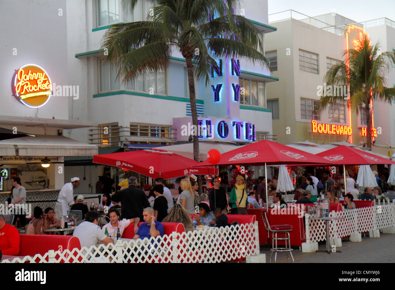 Miami Beach Florida,Ocean Drive,Art Deco Historic District,hotels,restaurant restaurants food dining cafe cafes,al fresco sidewalk outside tables,umbr Stock Photo