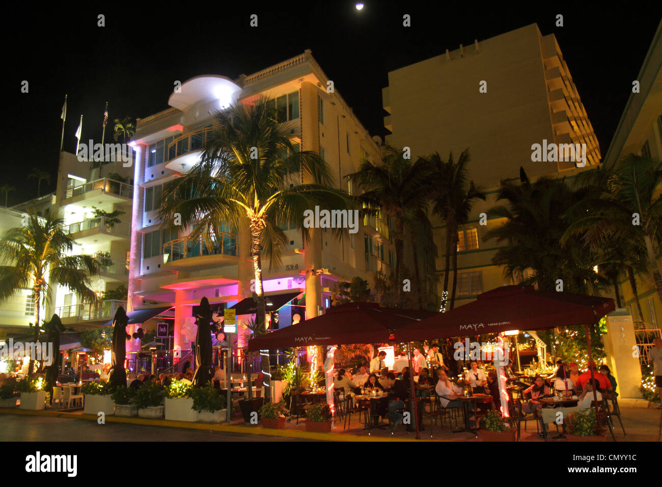Miami Beach Florida,Ocean Drive,Art Deco Historic District,hotel,restaurant restaurants food dining cafe cafes,al fresco sidewalk outside tables,umbre Stock Photo