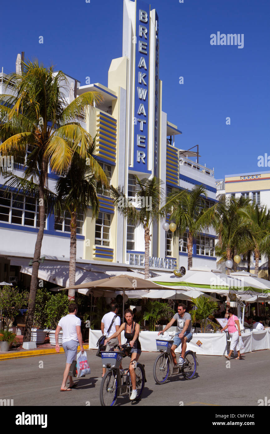 Miami Beach Florida,Ocean Drive,Art Deco Historic District,Breakwater,hotel hotels lodging inn motel motels,adult adults man men male,woman women fema Stock Photo