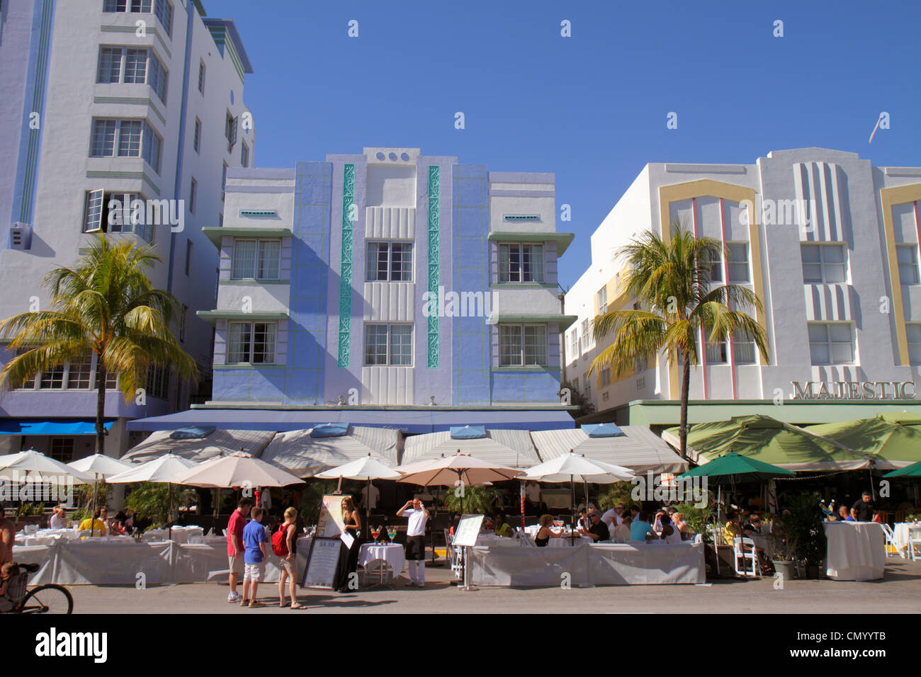 Miami Beach Florida,Ocean Drive,Art Deco Historic District,Majestic & Park Central,hotel,al fresco sidewalk outside tables,dining,umbrellas,restaurant Stock Photo