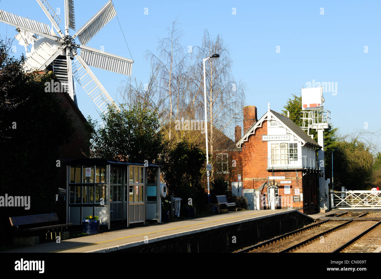 Heckington Village Lincolnshire England.Signal Box and Train Station.With Windmill. Stock Photo