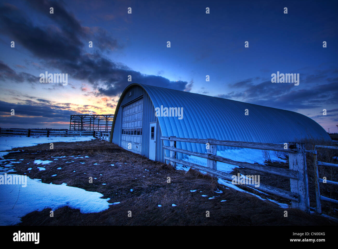 Greenhouse at Sunset in Snowy Field, Namao, Alberta Stock Photo Alamy