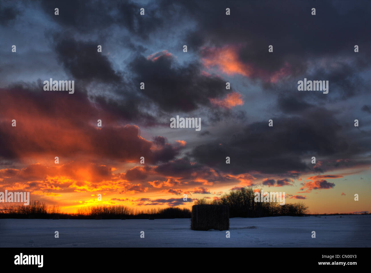 Hay Bale on Field with Sunset, Namao, Alberta Stock Photo Alamy