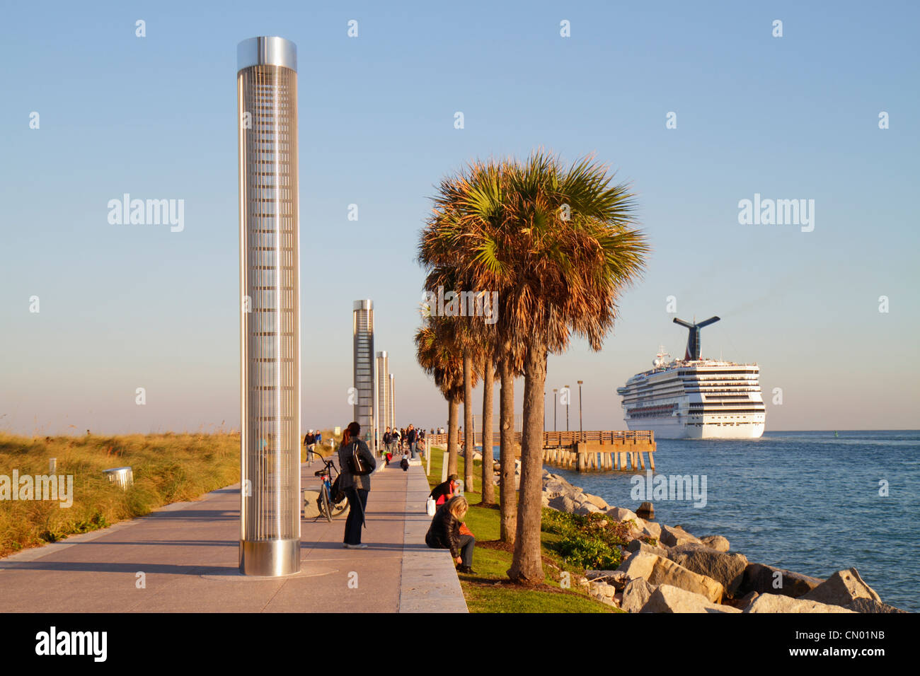 Miami Beach Florida,South Pointe Park,Point,Government Cut,Atlantic Ocean,water,Carnival Cruise Lines,Destiny ship,departing,Port of Miami,turtle ligh Stock Photo