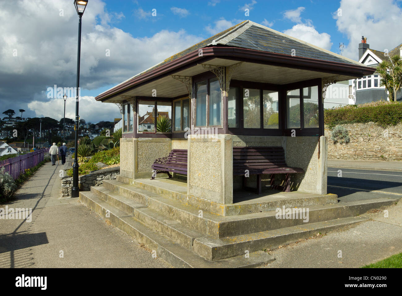 A seaside public shelter near Gyllyngvase beach in Falmouth, Cornwall UK. Stock Photo