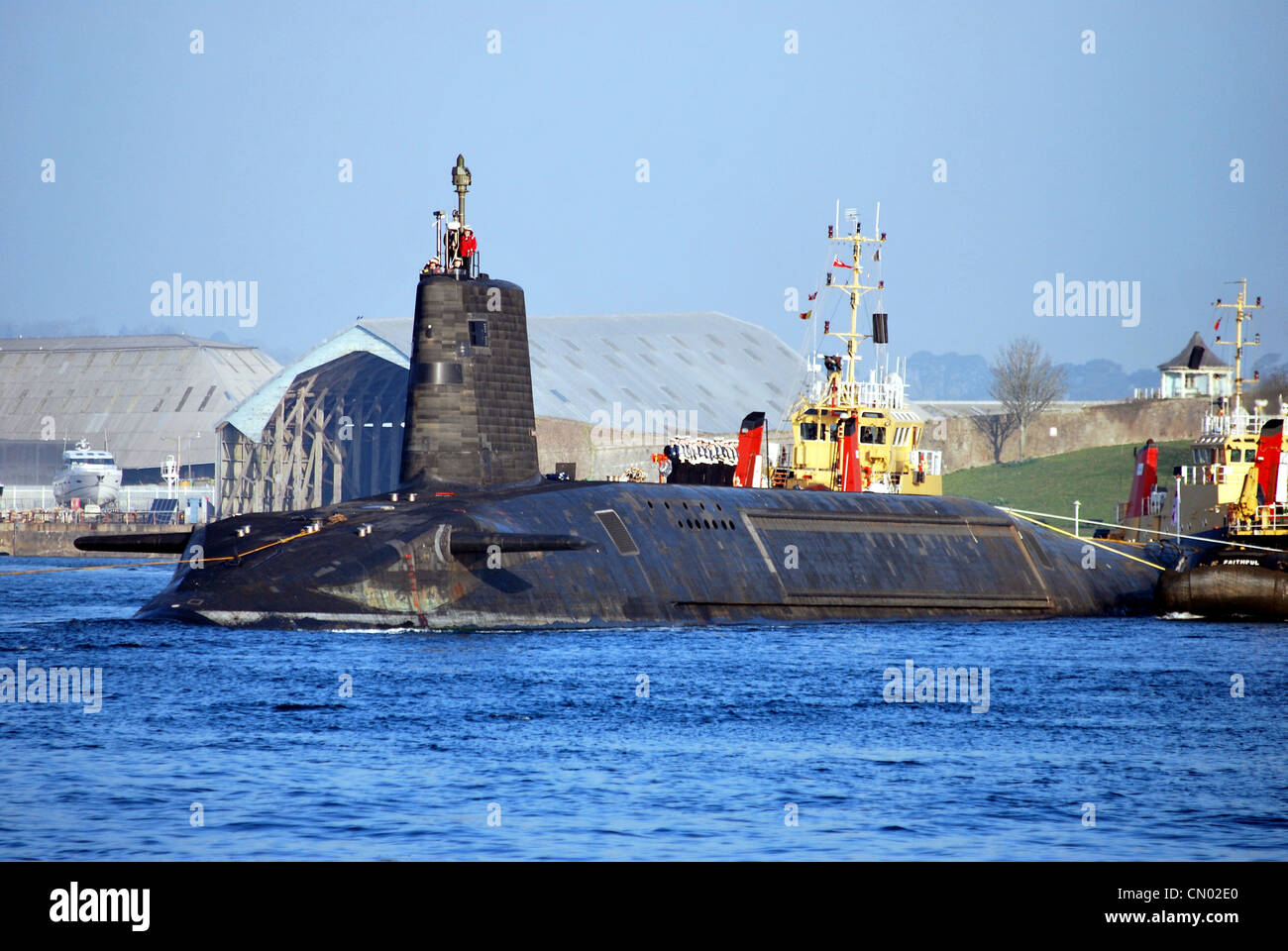 The Submarine HMS Vigilant of the Royal Navy sets sail from Devonport in Plymouth for sea trails after a 3 year refit. Stock Photo