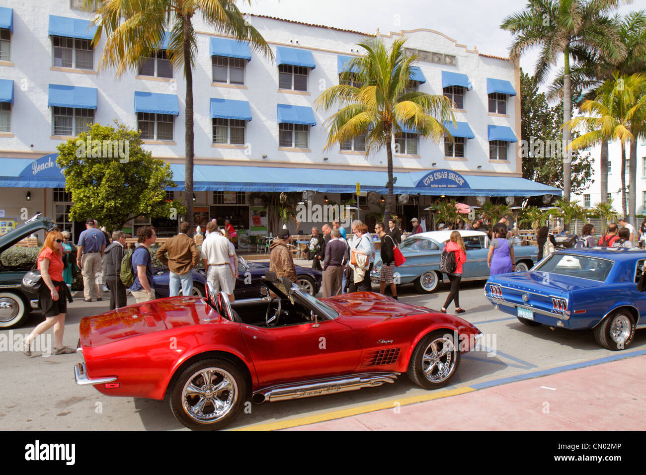 Miami Beach Florida,Ocean Drive,Art Deco Historic District,Art Deco Weekend,festival,sports cars,collectible cars display sale classic Chevy Corvette Stock Photo