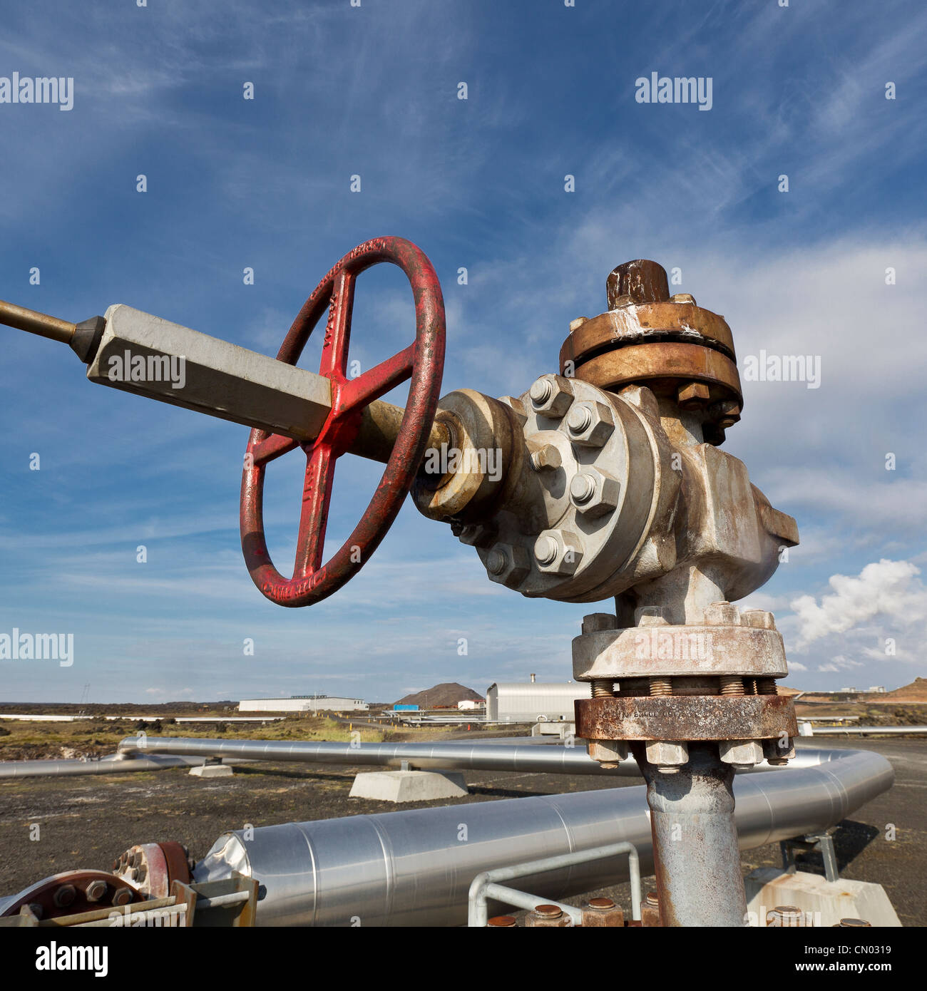 Pipes at Gunnhver Reykjanes Geothermal Power Plant, Reykjanes Peninsula, Iceland Stock Photo