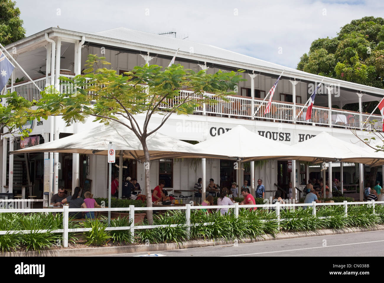 The historic Court House Hotel - a popular drinking and dining spot. Port Douglas, Queensland, Australia Stock Photo