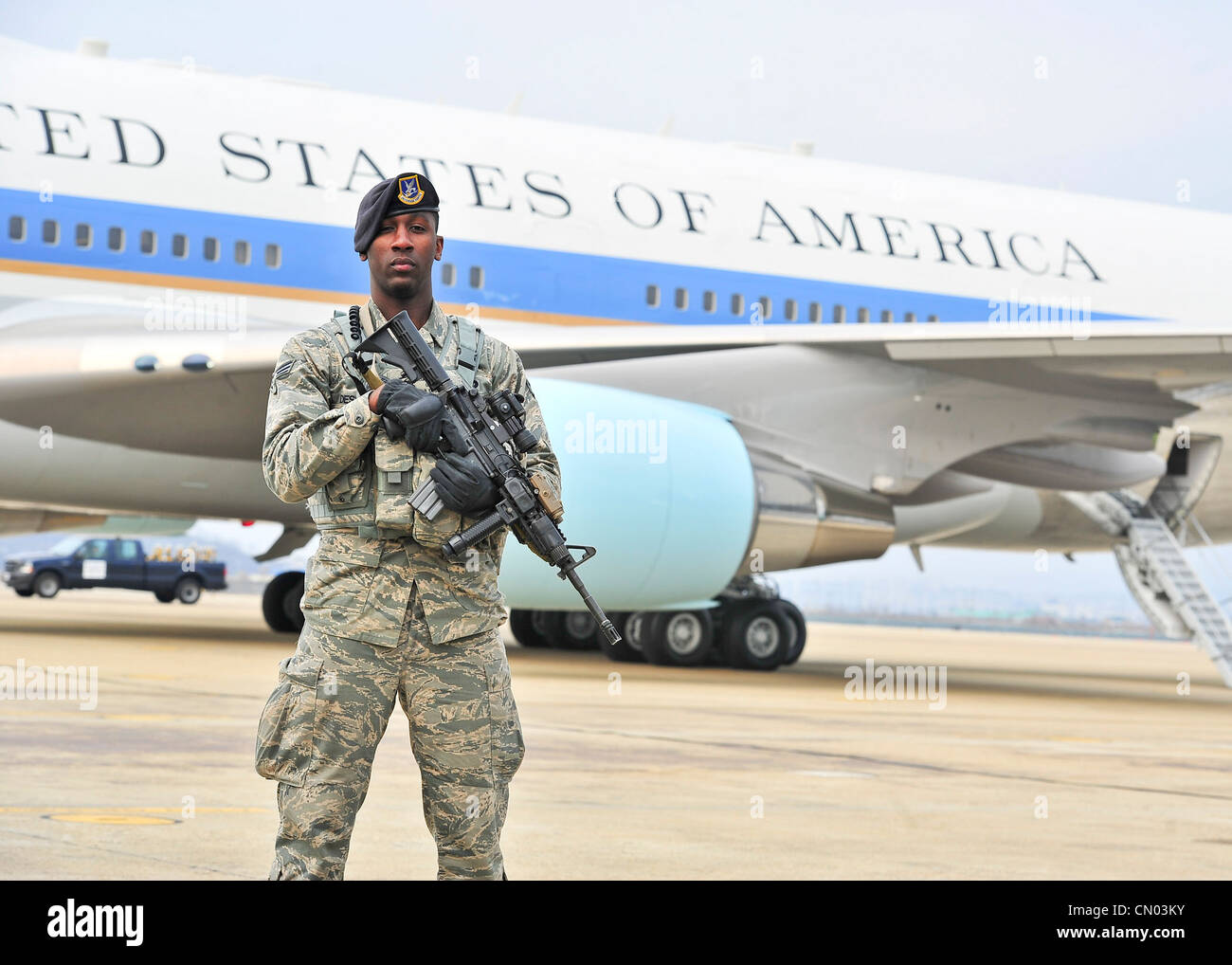 Air Force one taxis down a runway here after landing at Osan Air Base Republic of Korea, March 25, 2012. Osan was the first stop for the president during his tour of Korea. Stock Photo