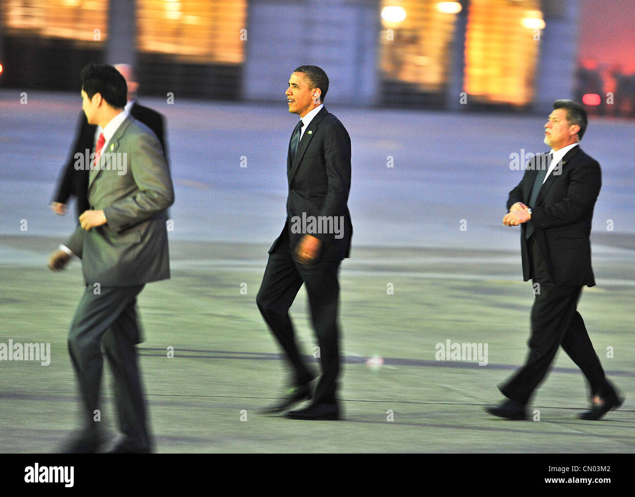Air Force one taxis down a runway here after landing at Osan Air Base Republic of Korea, March 25, 2012. Osan was the first stop for the president during his tour of Korea. Stock Photo