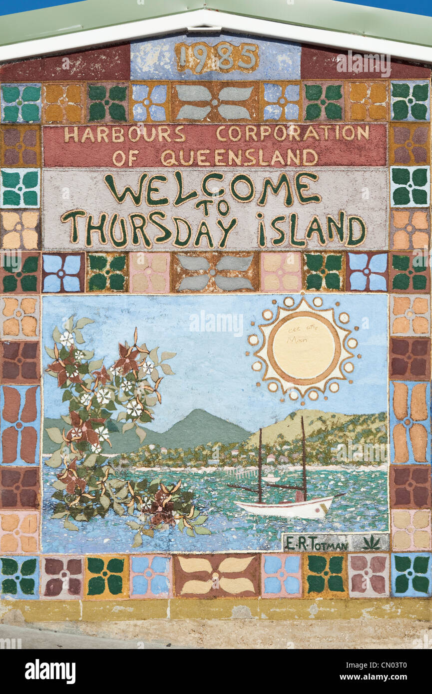 Thursday Island sign at the Engineers Wharf. Thursday Island