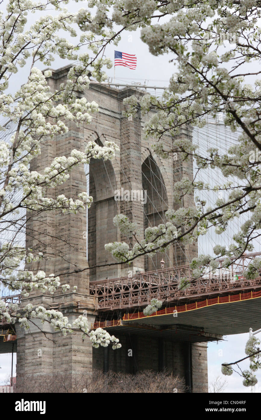 Brooklyn Bridge In Spring with American Flag Stock Photo