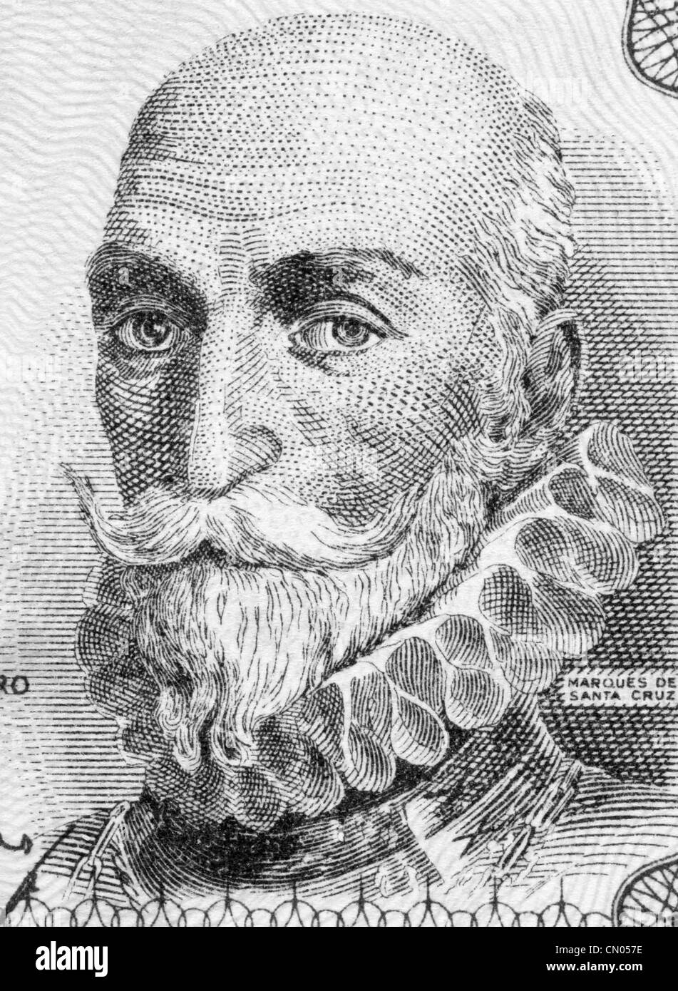 Alvaro de Bazan, 1st Marquis of Santa Cruz (1526-1588) on 1 Peseta 1953 Banknote From Spain. Spanish admiral. Stock Photo