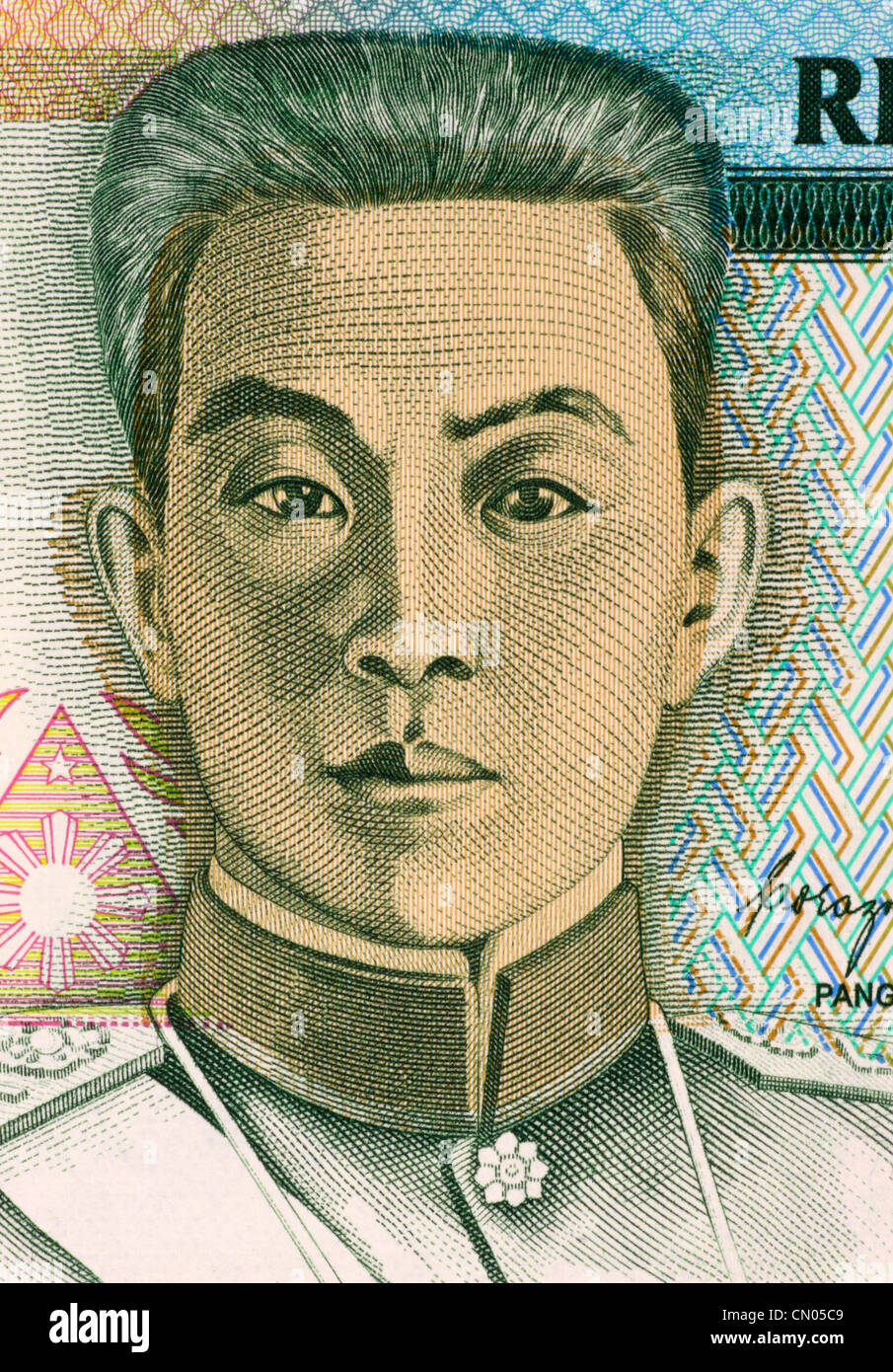 Emilio Aguinaldo (1869-1964) on 5 Piso 1990 Banknote from Philippines. Filipino general, politician and independence leader. Stock Photo