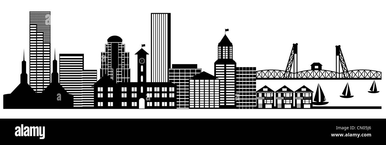 Portland City Skyline Oregon Panorama Black and White Silhouette Clip Art Illustration Stock Photo