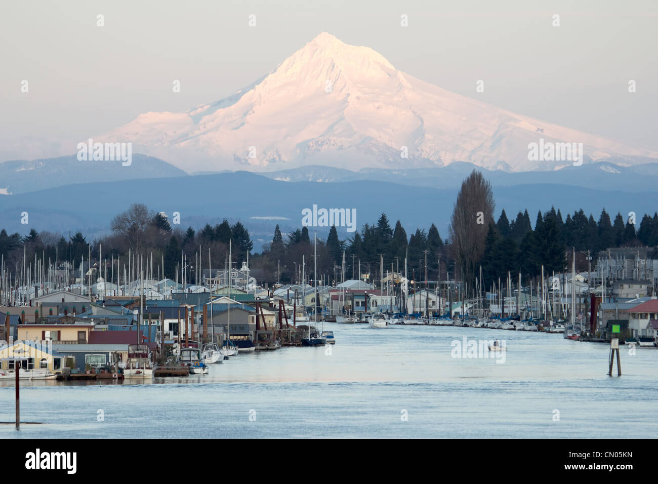 Boat House Living Along the Columbia River with Mount Hood Stock Photo