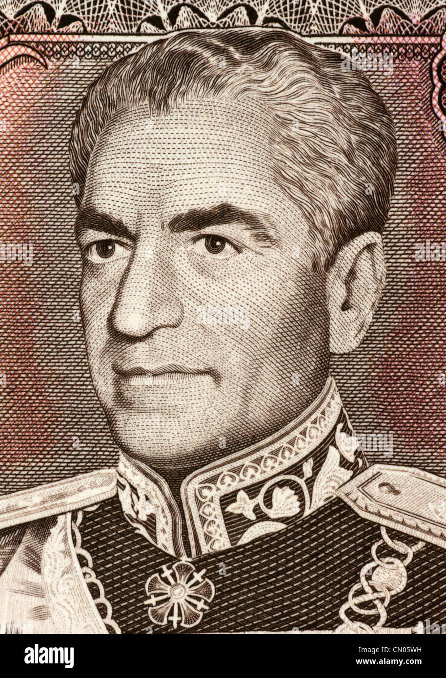 Reza Shah Pahlavi (1878-1844) on 20 Rials 1974 Banknote from Iran. Shah of the Imperial State of Iran during 1925-1841. Stock Photo