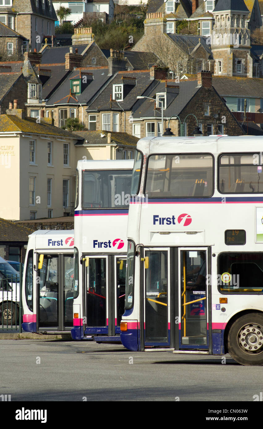 First Group buses parked in Penzance bus station, Cornwall UK. Stock Photo