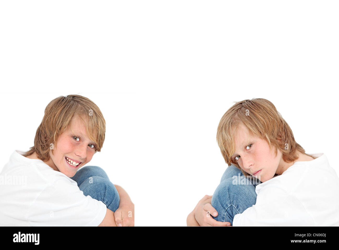 happy sad, twins with different personalities Stock Photo