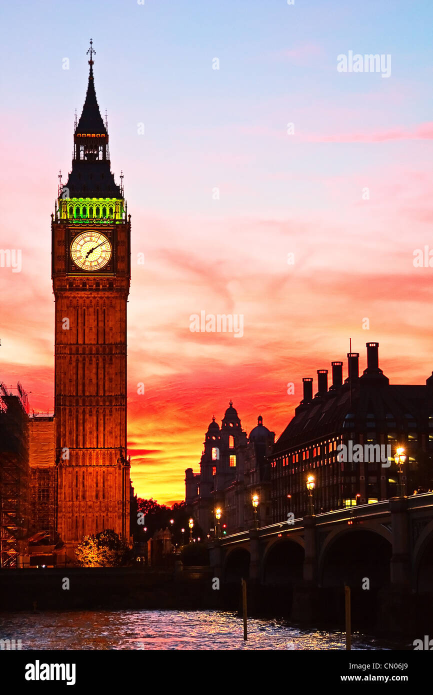 Dramatic sunset over famous Big Ben clock tower in London, UK Stock
