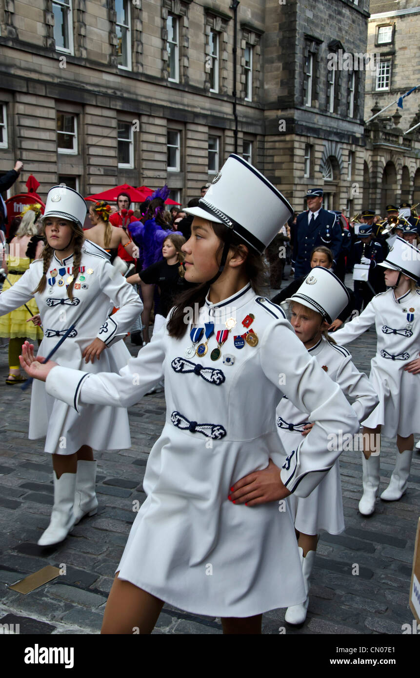 Young majorettes with a Norwegian marching band in Edinburgh's Royal