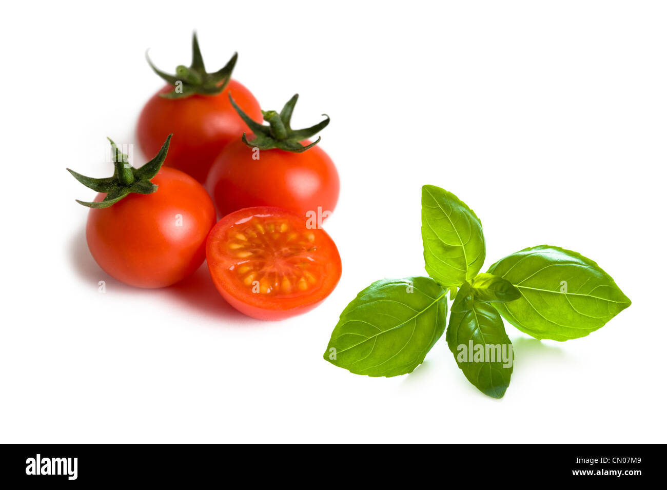 cherry tomatoes and basil leaves isolated Stock Photo
