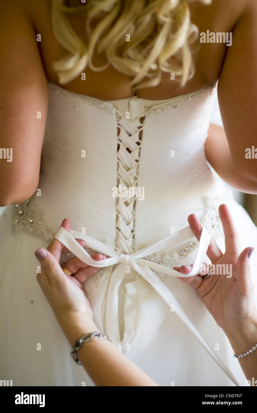 tying a bow in a wedding dress Stock Photo Alamy