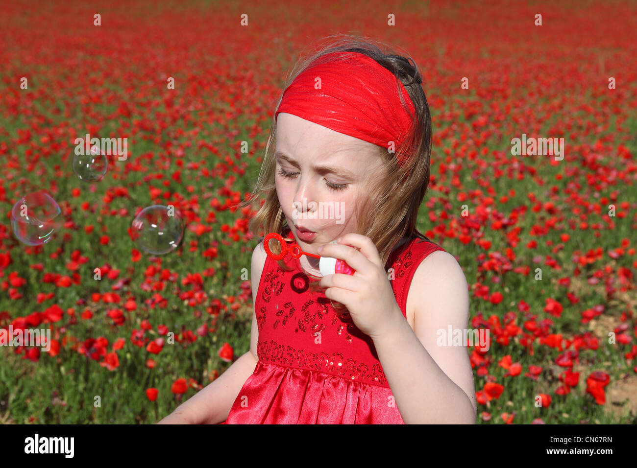 little girl blowing bubbles playing outdoors in summer Stock Photo - Alamy