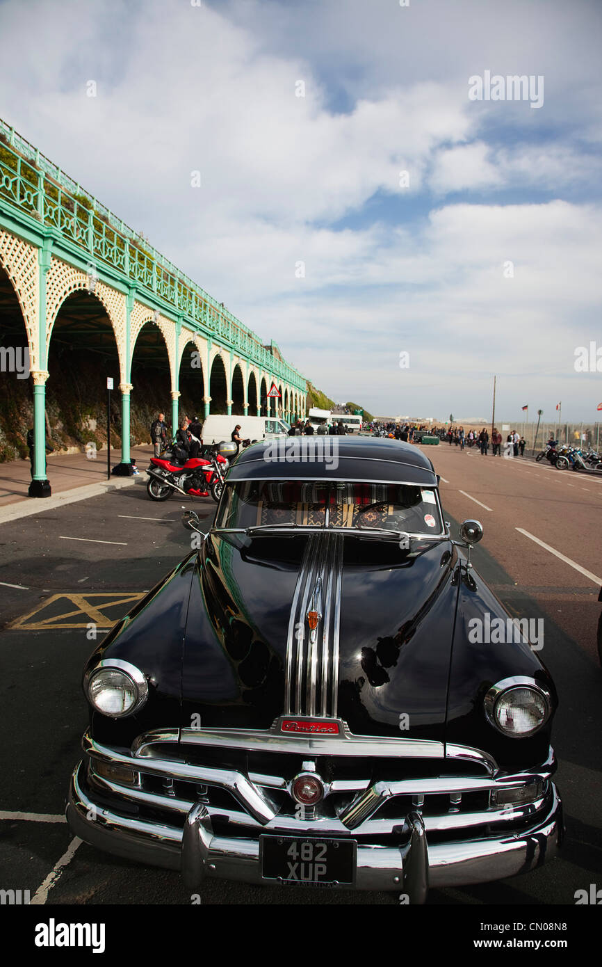 England, East Sussex, Brighton, Old American Pontiac automobile on Madeira Drive during classic car festival. Stock Photo